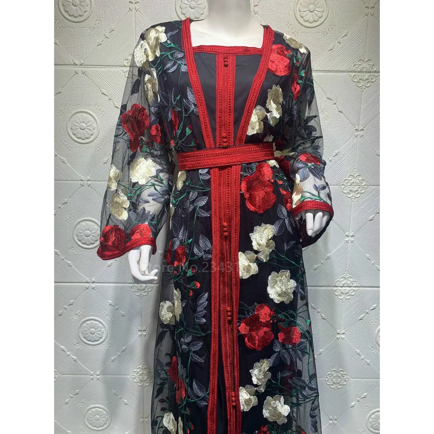 

Muslim Fashion Floral Embroidery Caftan for Women Abaya Set Dress Indian Fancy Dubai Turkey Islamic Caftan Inner Abaya Dress Set