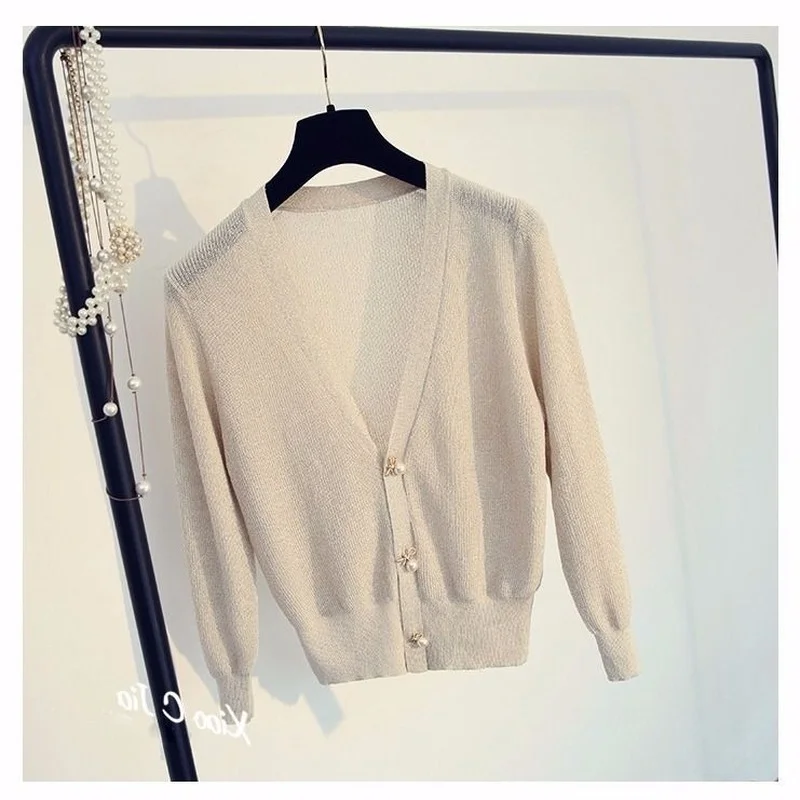 

Women Ice-silk V-neck Knitwear Spring Autumn Lady Bright Silk Knit Cardigan Long Sleeve Thin Fashion Knitted Outwear X282