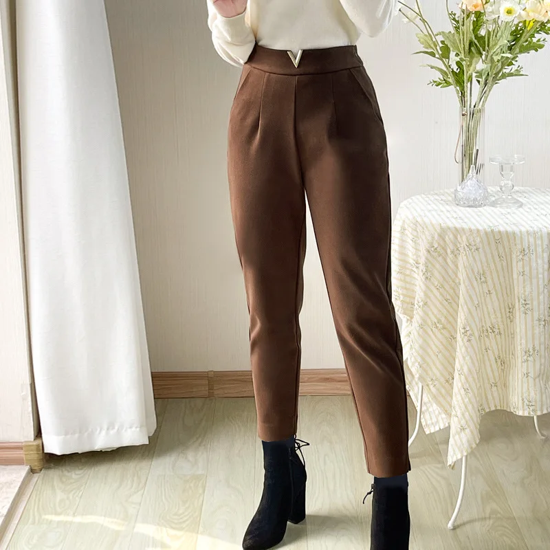 

High-waisted Casual Ankle-length Pants Women's Faux Woolen V-shaped Button 2021 Autumn And Winter Thick Suit Trousers