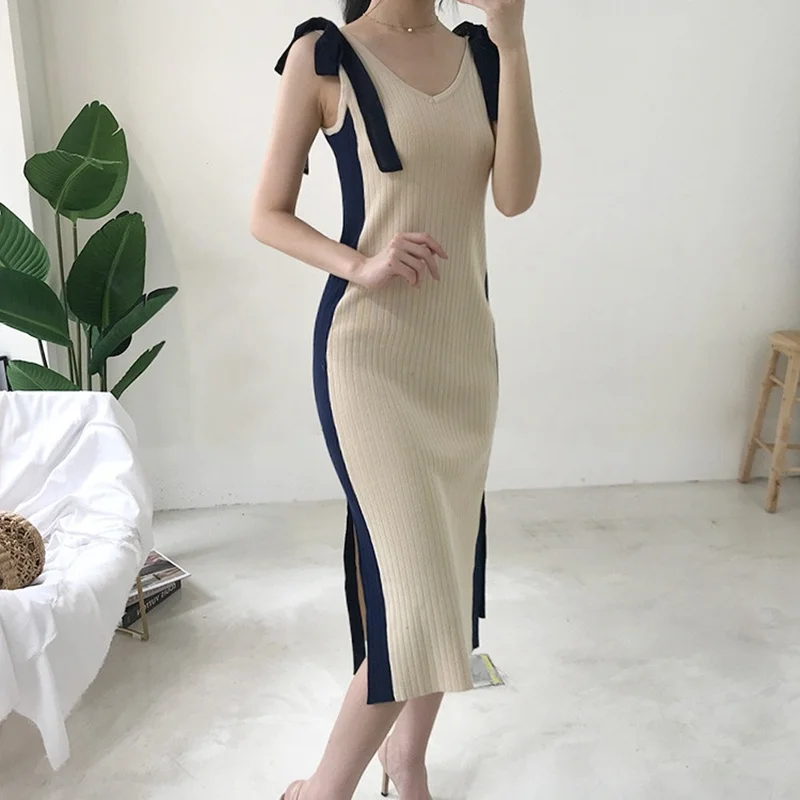 

Summer Vintage Patchwork Bow Knit Dress Female Sleeveless Knitted Bottoming Dress Pullovers Women Slim Dress Vestidos