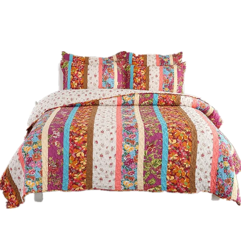 

Famvotar 100% Cotton Quilted Bedspread 3 Pieces set Striped Printe Patchwork Coverlet Countryside Floral Bed Cover Queen Size