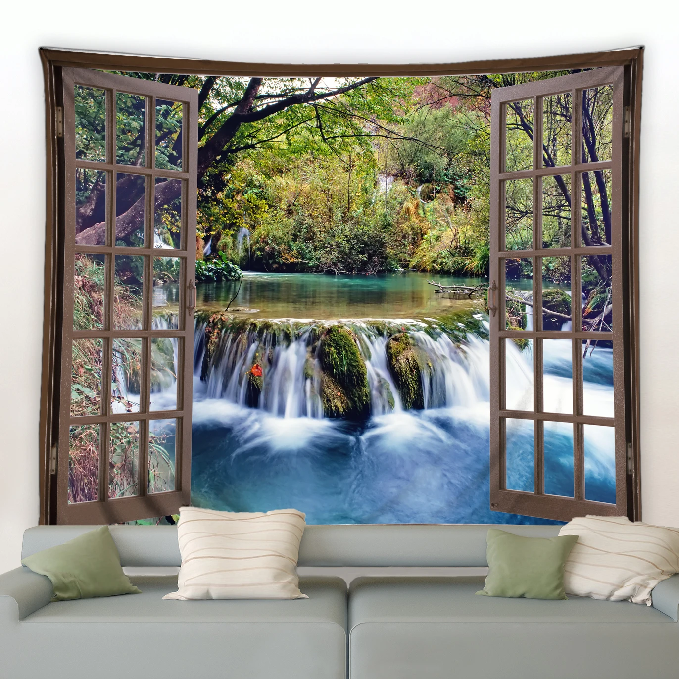 

Window Beautiful Scenery Tapestry Wall Hanging Green Trees Forest Waterfall Landscape Decor Cloth Bedroom Living Room Dormitory