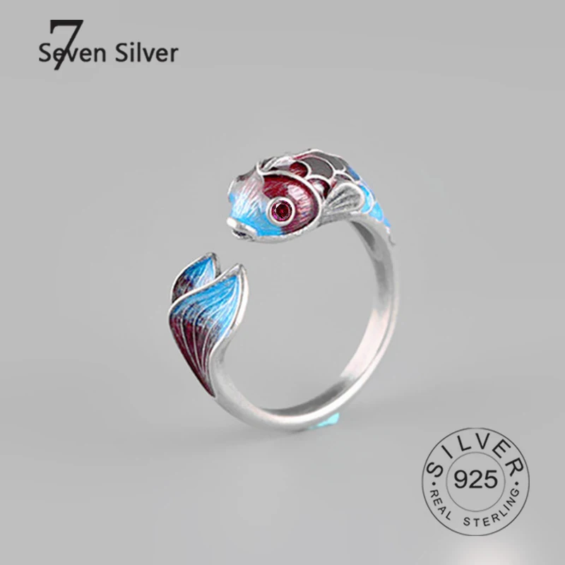 

925 sterling silver rings for women blue fish vintage fine jelwery Multilayer open adjustable trendy Silver Jewelry Party Gifts