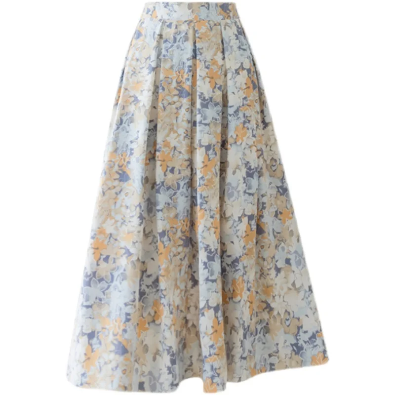

Floral Print Casual Long Skirt For Women Summer Holiday Style High Waist Pleated Skirt A-line Fashion Ladies Midi Skirts