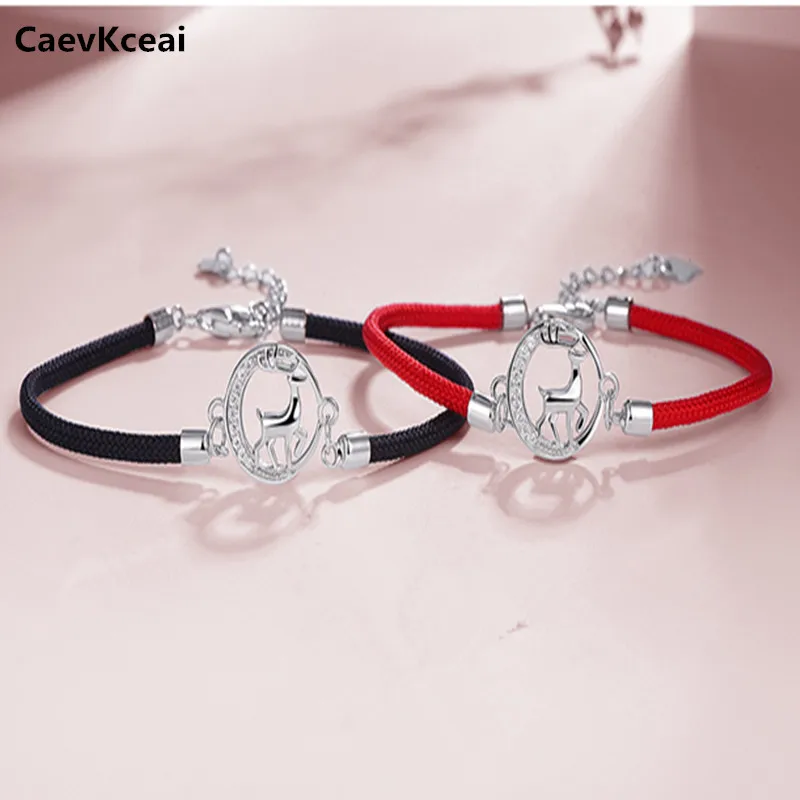 Мужской браслет с оленем CaevKceai925 серебряная веревочная нить красного и черного