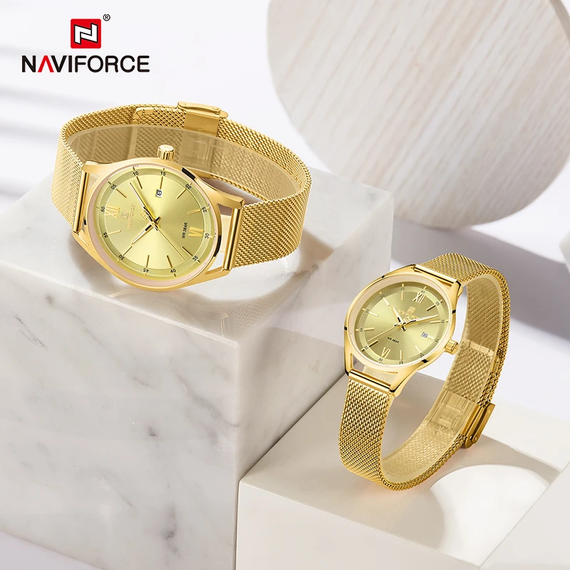 Часы NAVIFORCE для пар роскошные брендовые золотые наручные часы мужчин и женщин