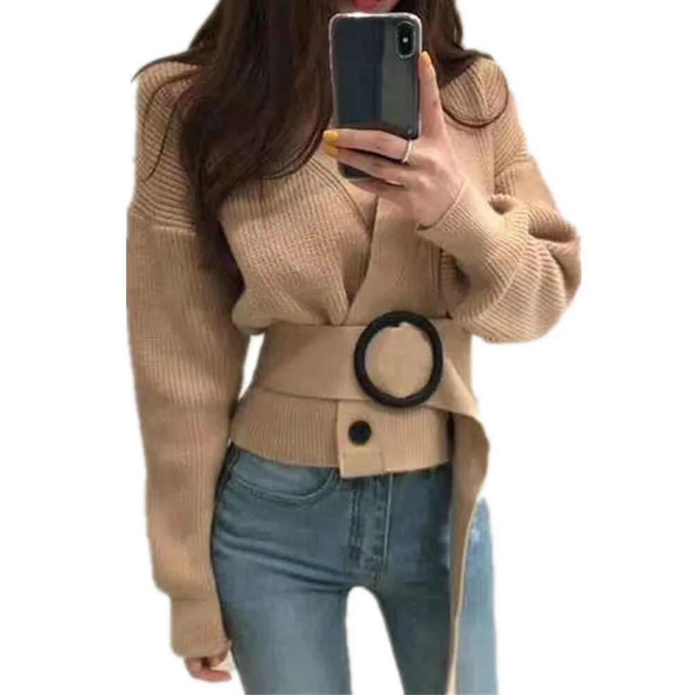 

Women Casual Solid Knitted Button Up Sweater Cardigan Slimming Thermal Coat Long Sleeve Fashion Jumper Belt Tops Outwear Clothes