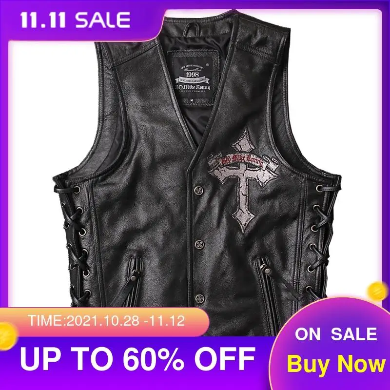 

2021 Black Men Skull Embroidery Genuine Leather Motorcycle Vest Real Thick Cowhide Slim Fit Short Biker Coat 4XL FREE SHIPPING
