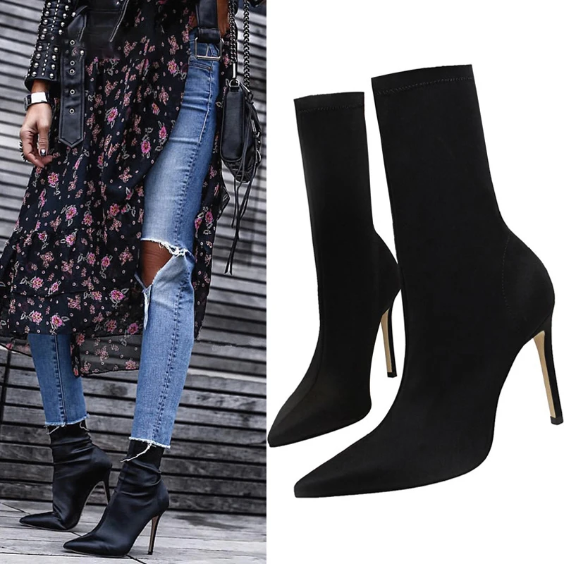 

Fashion Pointed Toe Stretch Fabric Women Boots Sexy High Heels Shoes Autumn Winter Ankle Socks Boots Ladies Bottines Talons