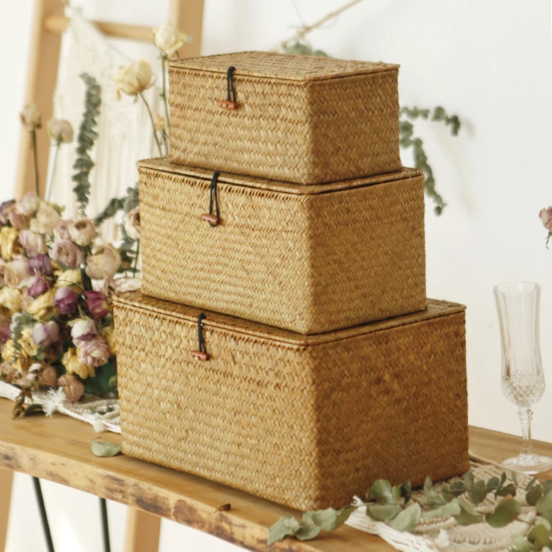 

Natural Seagrass Storage Baskets with Lid Large Handwoven Wicker Storage Bins Rectangular Household Shelf Wardrobe Organizer Box