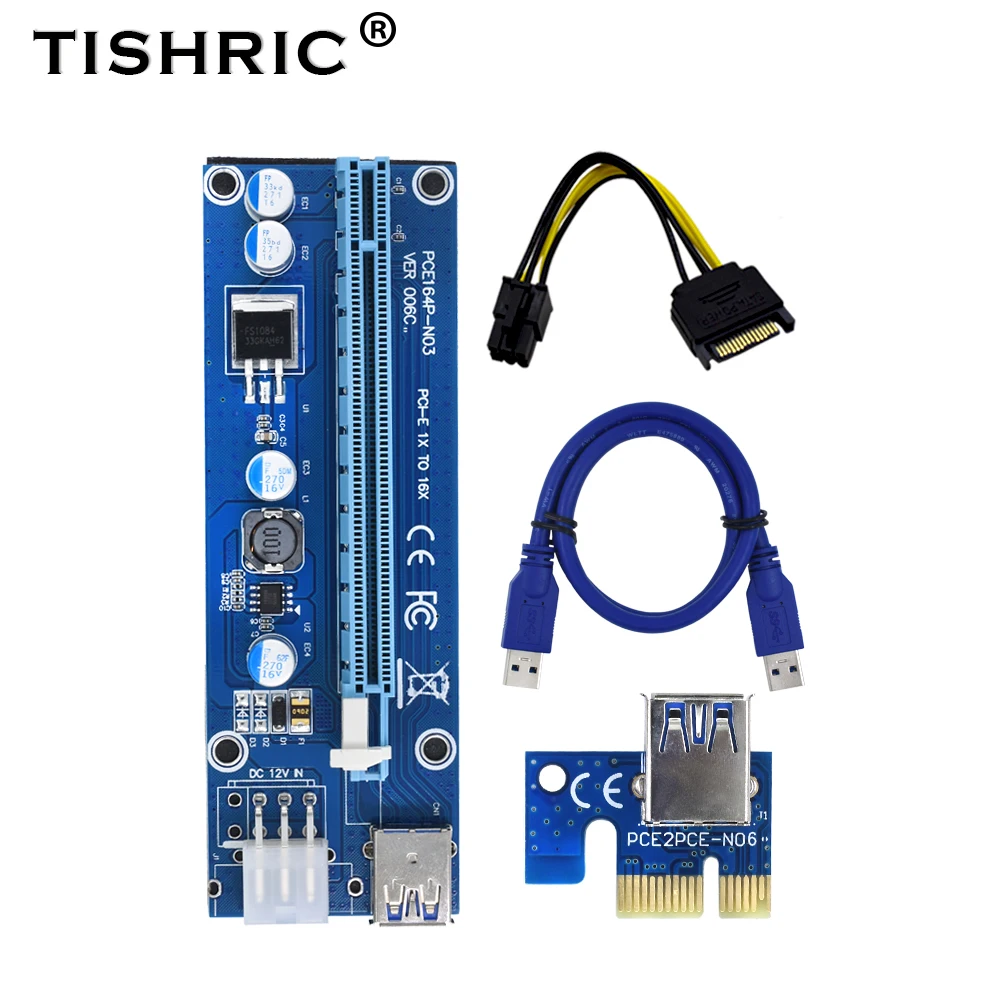 

10pcs TISHRIC gpu PCIE PCI-E Riser 006C card PCI E X16 PCI Express 6Pin to SATA 1X 16X USB3.0 Extender LED For Mining ETH BTC