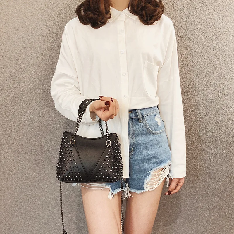 Vintage Rivet Shoulder Bag Female Small Bags For Women Handbags Punk Handbag Leather Messenger Purses Chain Clutch | Багаж и сумки