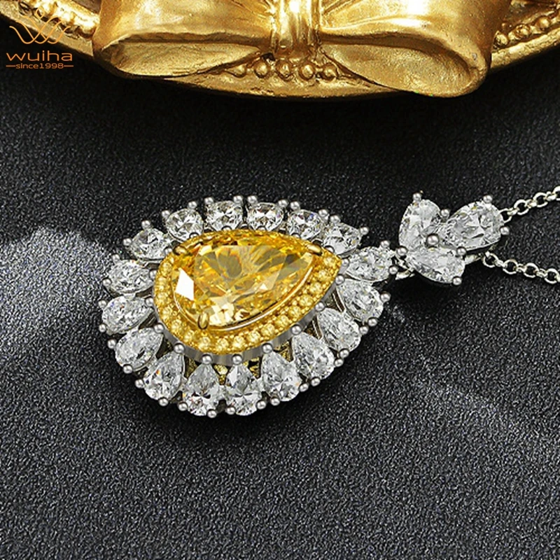 WUIHA New 925 Sterling Silver Radiant Cut 8*12MM Fancy Vivid Yellow Gem Created Moissanite Wedding Pendant Necklace Fine Jewelry