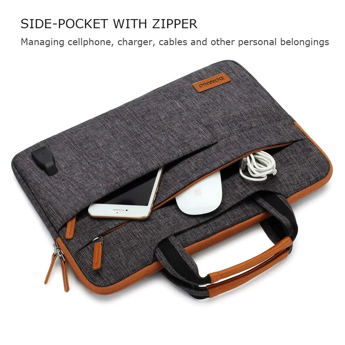 DOMISO 11 13 14 15.6 17.3 Inch Multi-Functional Laptop Sleeve Business Briefcase Messenger Bag with USB Charging Port Brown Grey