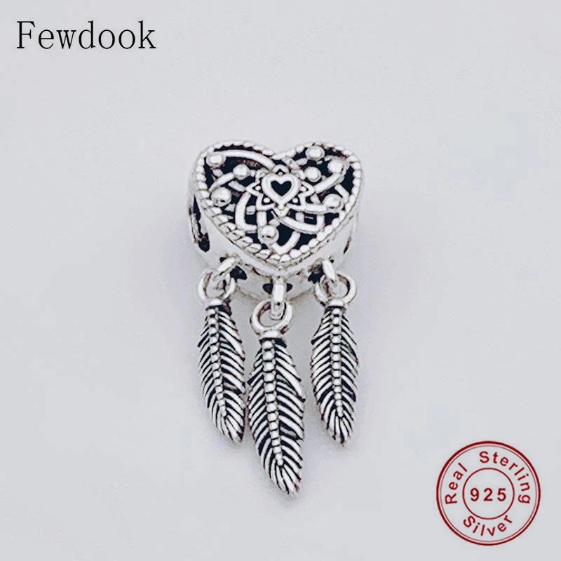 

Женский браслет «Ловец снов» из серебра 925 пробы, подходящий для браслета с шармами оригинального бренда, подвеска с перьями и листьями, 2020