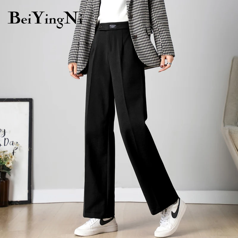 

Beiyingni New Fashion Thick Woolen Cloth Pants Wide Leg Pant Womens High Waist Loose Suit Trousers Casual Pantalons Lady Elegant