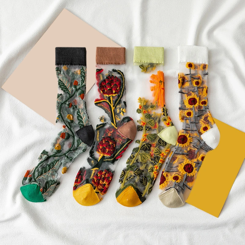 

Cute Women Crystal Silk Socks Creative Harajuku Young Girls Funny Sunflowers Creepers Flower Happy Casual High Quality Sock