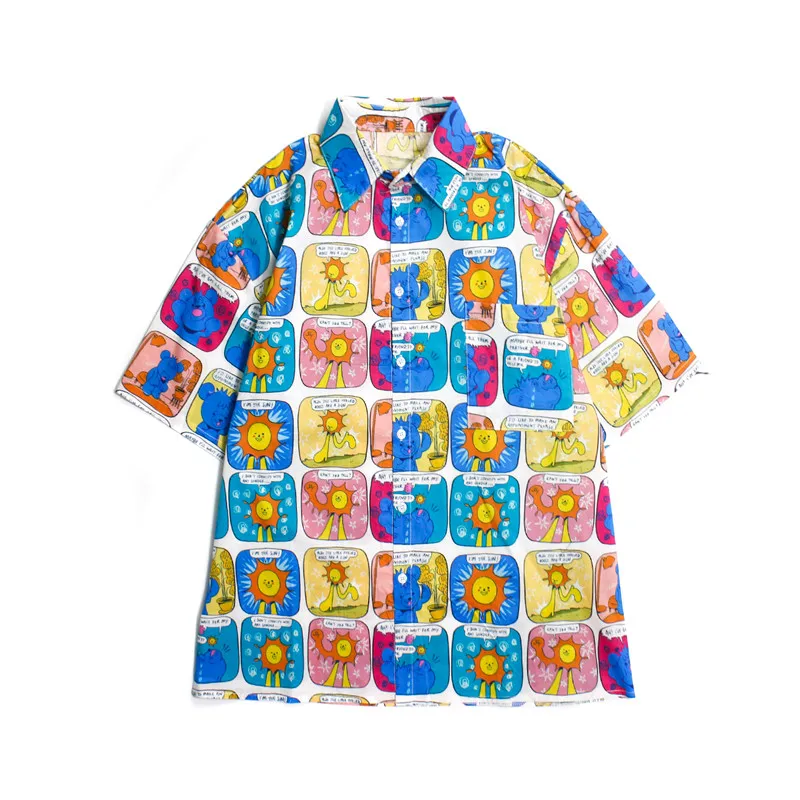 

Harajuku Shirt Women Cartoon Print Shirt Oversize Loose Cuban Collar Short Sleeve Blouse Fashion Man Shirt Summer Shirt
