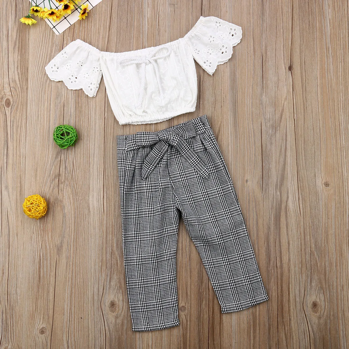 

Cute Toddler Kid Baby Girl Summer Clothes Off Shoulder Lace Hollow Tops Crop Plaid Long Pants Outfit 2Pcs Clothes Set