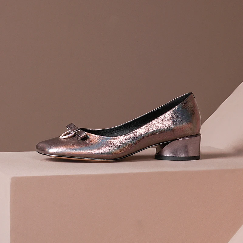 

Thick low Heels Working Wedding Butterfly Knot ladies Shoes Euro Style Elegant Women Cow Leather New Shoes Woman