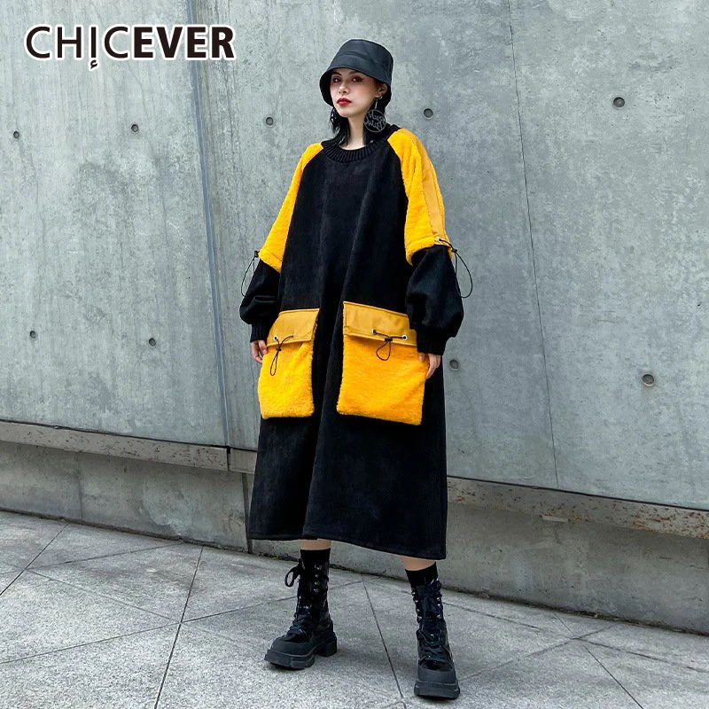 CHICEVER лоскутное карманное хитовое цветное женское платье с О-образным вырезом и