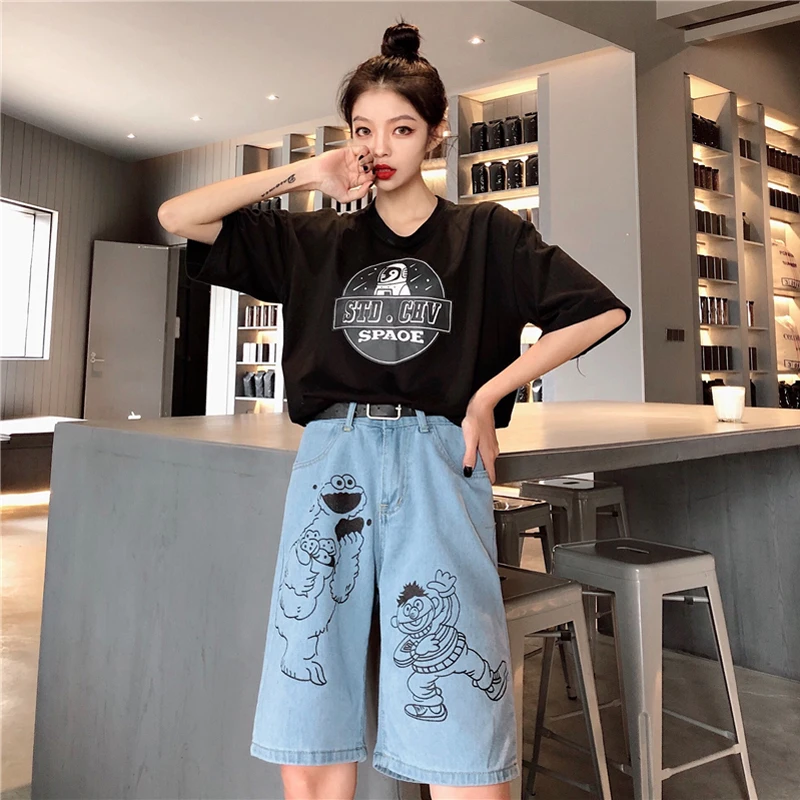 Шорты женские джинсовые с винтажным принтом хлопковые свободные штаны из денима