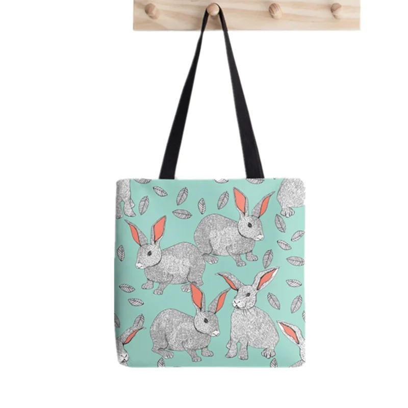 

Women shopper Rabbits Mint Green Printed Kawaii Bag Harajuku Shopping Canvas Shopper Bag girl handbag Tote Shoulder Lady Bag