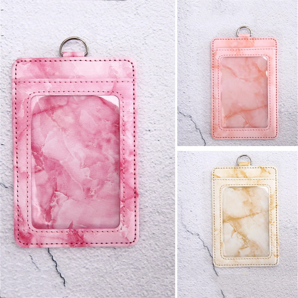 

Marbling PU Leather Badge Lanyard Work Card Holder Bank Business Students Badge ID Card Holder Tag Leather Case