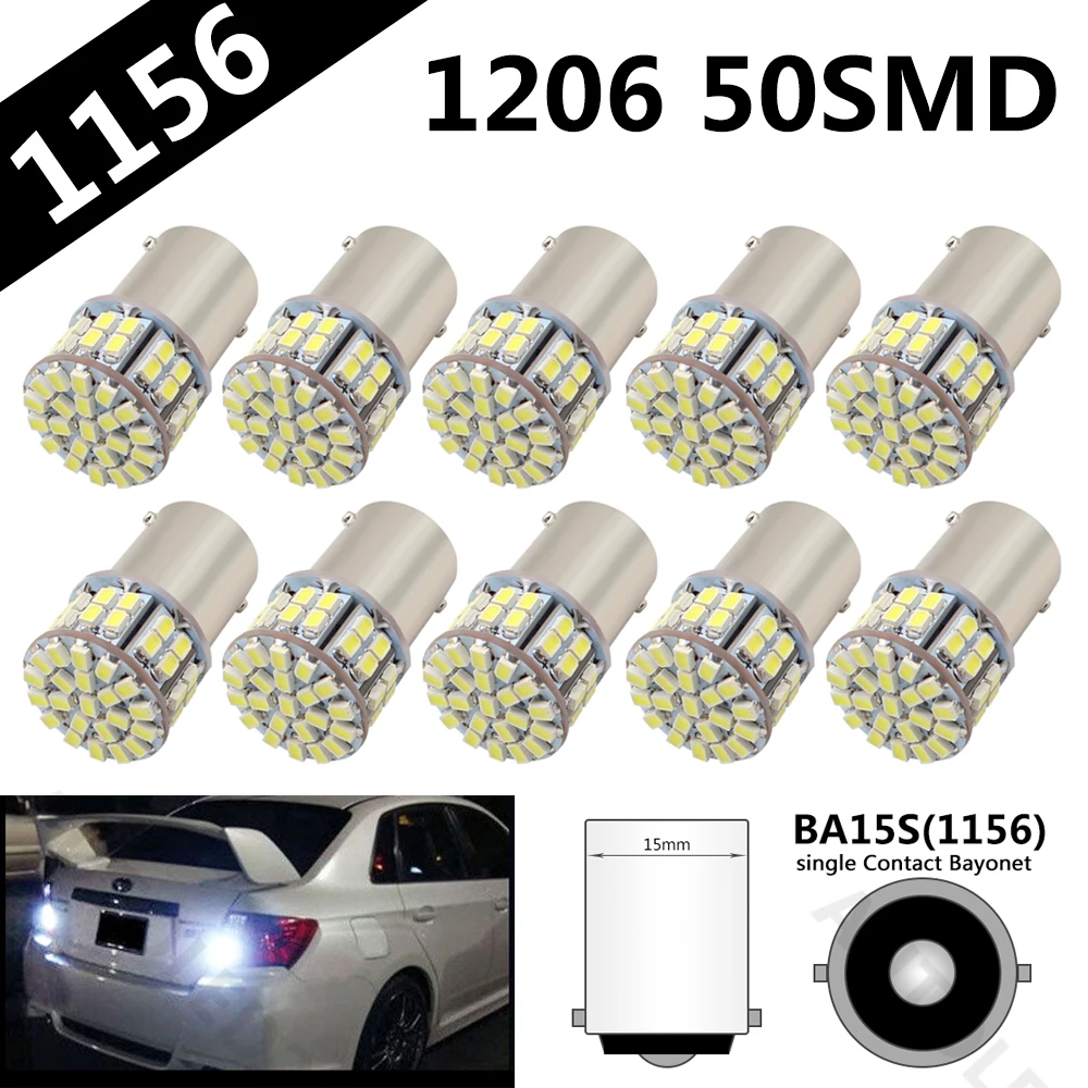 

10pcs 1156 BA15S P21W LED Bulbs S25 3020 SMD 50 chips White Car Auto Backup Tail Lights Turn Signal Reverse Parking Lamp DC 12V