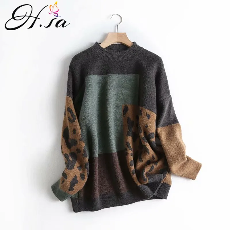 

Hsa 2020 Spring Women Vintage Leopard Pullover and Sweaters Patchwork Brown Knit Jumpers Loose Styler Korean Slim Pull Jumpers