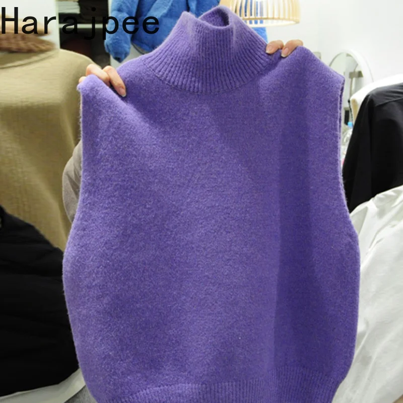 

Harajpee Knitted Waistcoat Korean Chic Solid All-match Turtleneck Sweater Vest Spring Autumn New Women Tops Fashion Commute