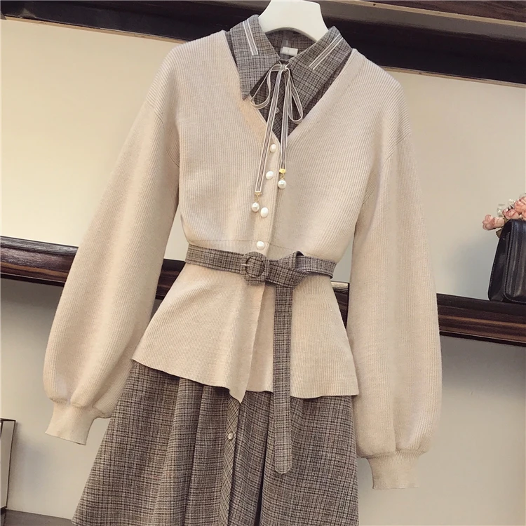 Винтажный клетчатый вязаный кардиган комплект из двух предметов женский