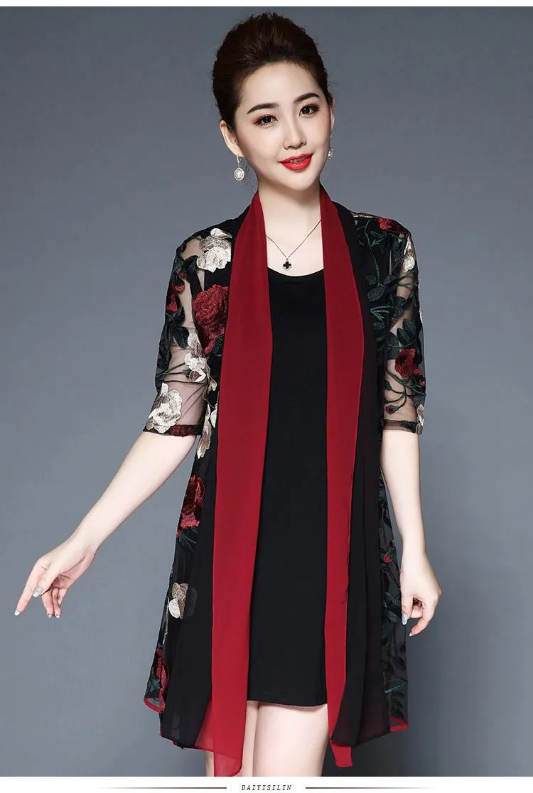 Ретро Винтаж Цветочная вышивка среднего возраста женское платье из двух частей