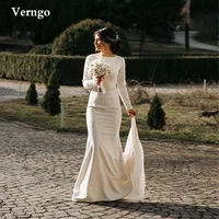 verngo modest stretch satin mermaid wedding dresses long sleeves buttons o neck country sweep train simple bridal dress