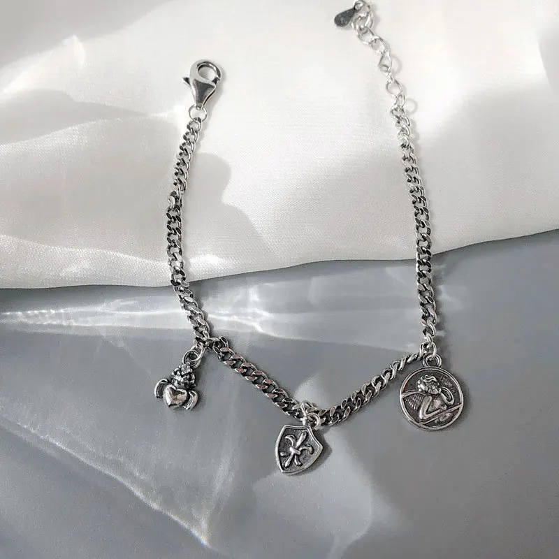 

S925 sterling silver bracelet retro Thai silver old style round card heart-shaped wild style girlfriend student bracelet