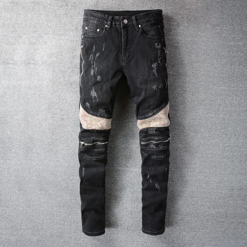 

Street Vogue Men Jeans Black Color Elastic Slim Fit Ripped Biker Jeans Men Zipper Spliced Designer Hip Hop Denim Punk Pants