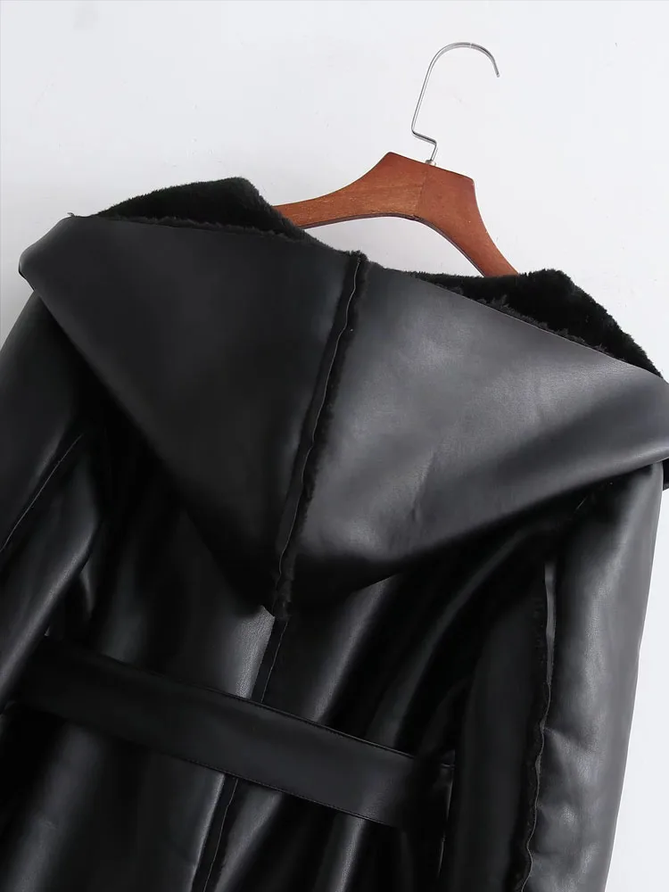 Women 2021 za fashion with fur faux leather thick warm hooded jacket coat vintage long sleeve tied belt female outerwear chic to |