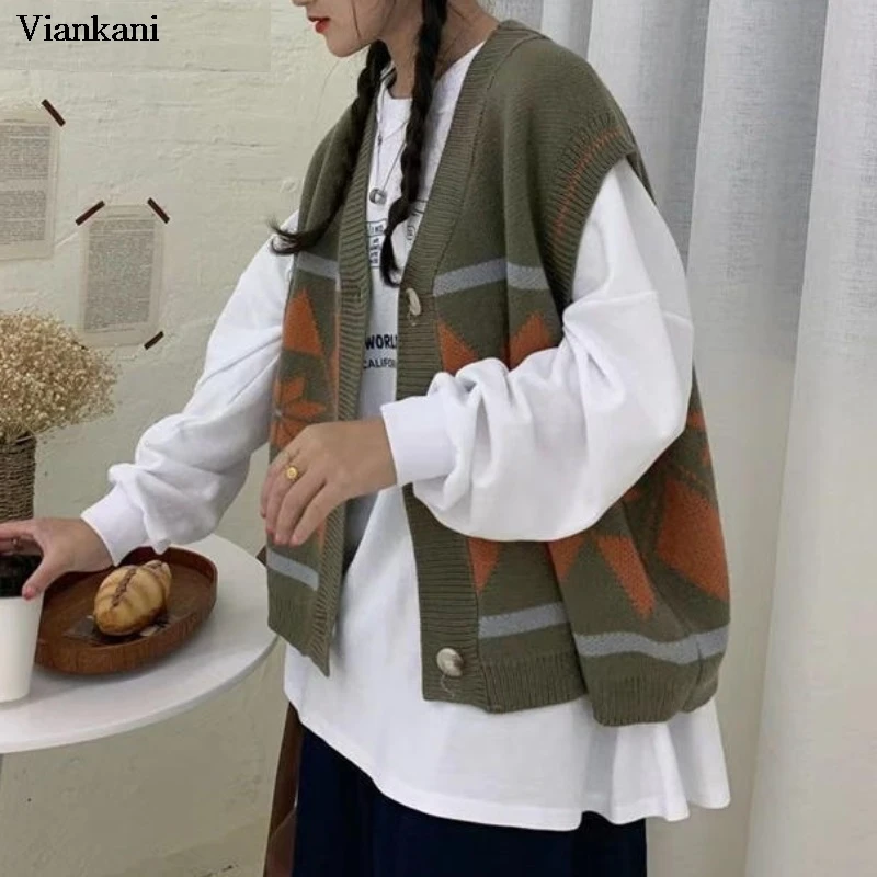 

Geometric Vest Sweater Women's Sleeveless V Neck Tops Women Oversized 2021 Vintage Korean Fashion Y2k Sweaters Vests Gothic