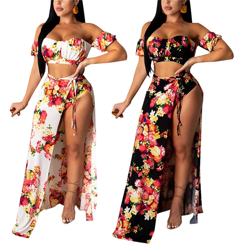 

Hirigin 2021 New Women Two-piece Clothes Set Floral Printed Pattern Boat Neck Short Sleeve Crop Tops and Skirt Black/ White