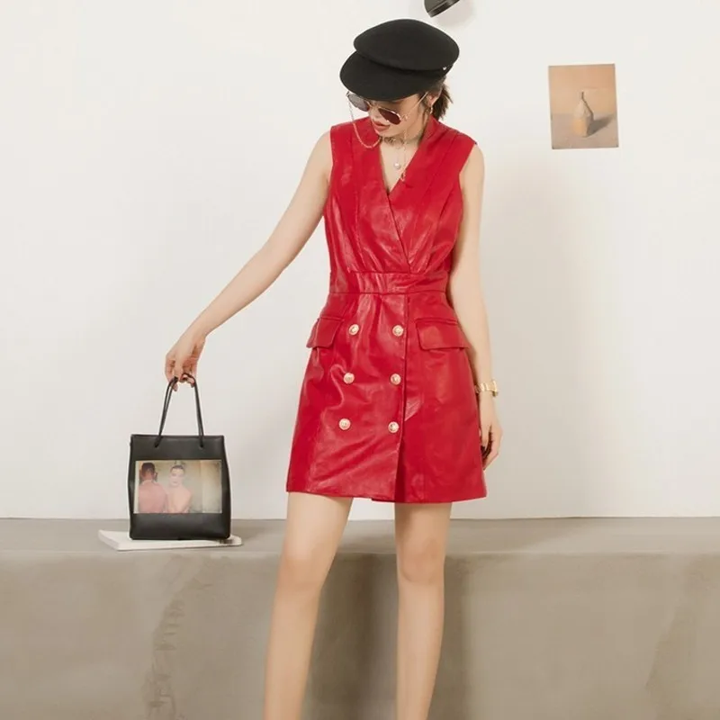 Горячее предложение сексуальное женское двубортное платье из натуральной кожи с