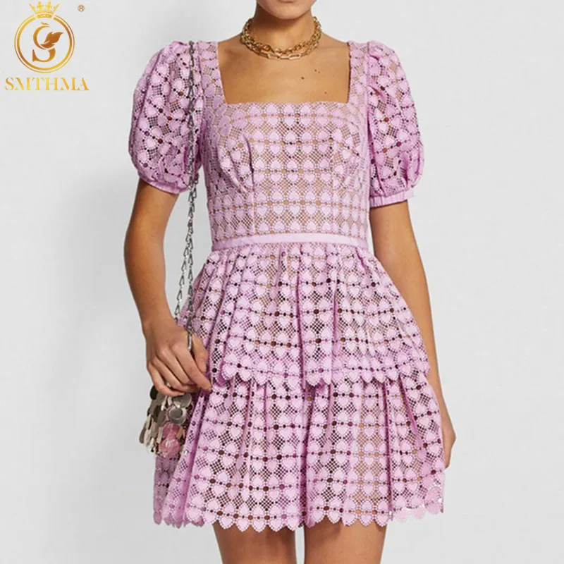 

SMTHMA 2021 Новое модное элегантное женское ажурное лоскутное летнее платье с коротким Рукавом Плиссированное фиолетовое кружевное платье Vestidos