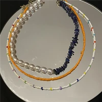 korean fashion 3 designs faux pearl blue stone patchwork chokers necklace for women girls multicolour beaded necklace jewelry
