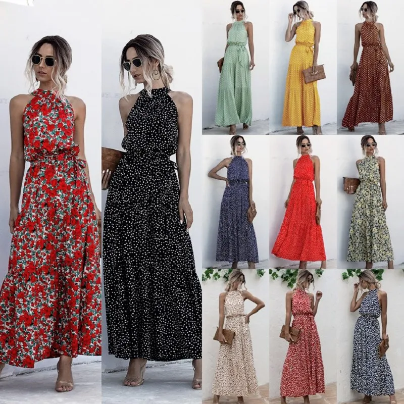 

Summer Sexy Long Dress Women 2021 Fashion Sleeveless Print Flowers Polka-Dot Halter Dresses Women's Casual Holiday