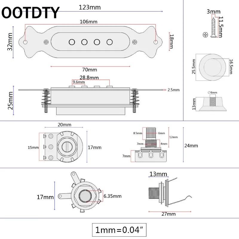OOTDTY Soundhole Prewired Active Pickup 4 String Для коробки для сигар аксессуары гитар | Спорт и