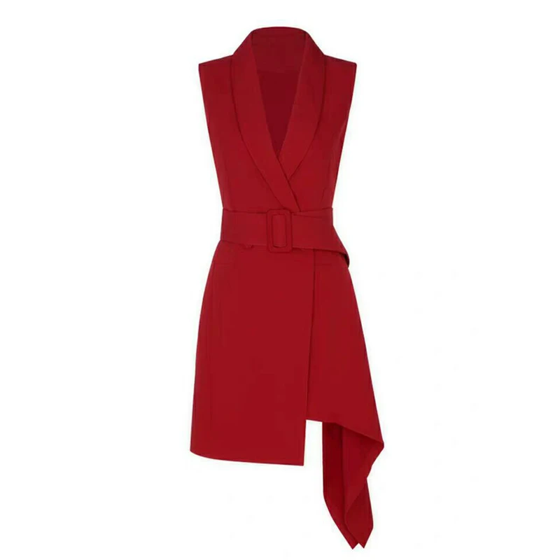 

A Line V Neck Knee Length Asymmetrical Evening Dresses Red Irregular Sleeveless Elegant New Styles for Spring 2021 Formal Gown