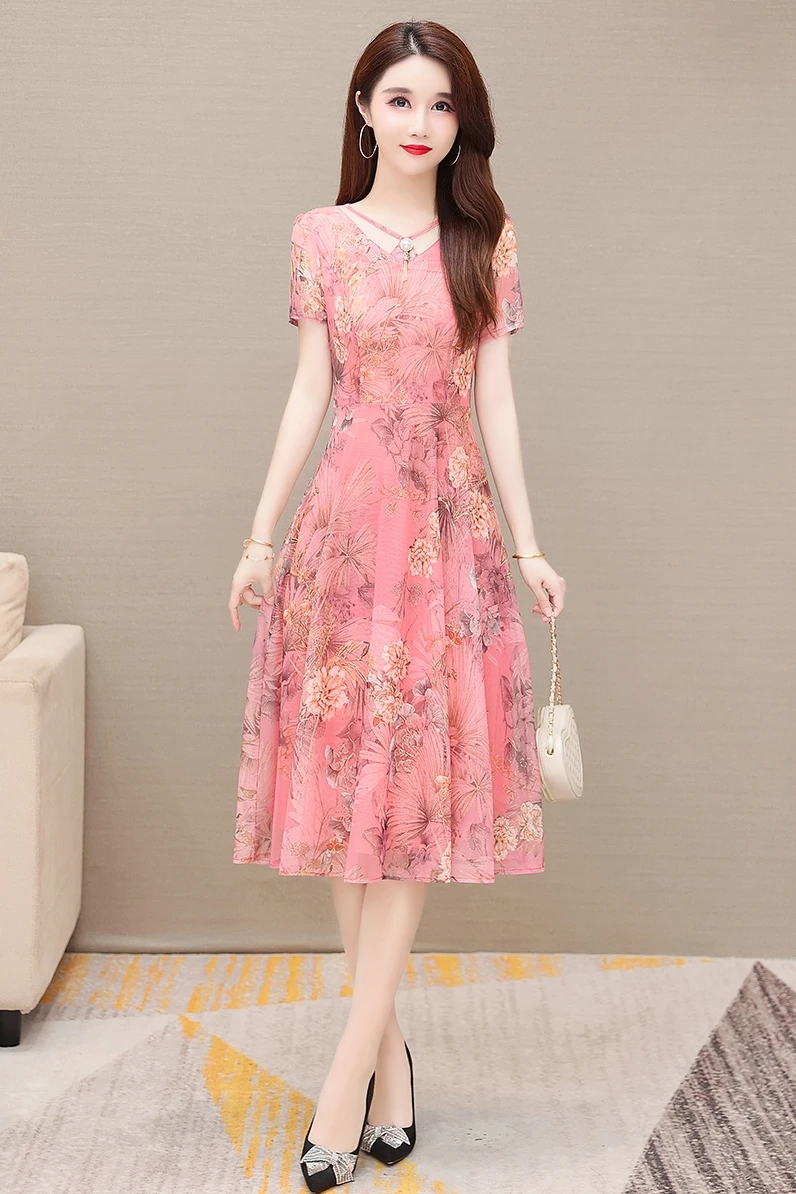 

COIGARSAM 4XL Plus Size Chiffon Women dress New Summer Dresses Pink Green 927