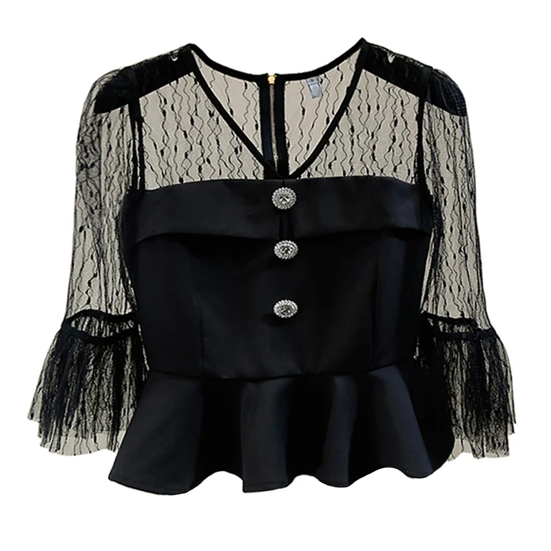 

Fashion Lace Stitching See-through Flare Sleeve Shirt Back Zipper Blouse Womens Tops Short Lotus Leaf Hem Shirts Summer Blouses