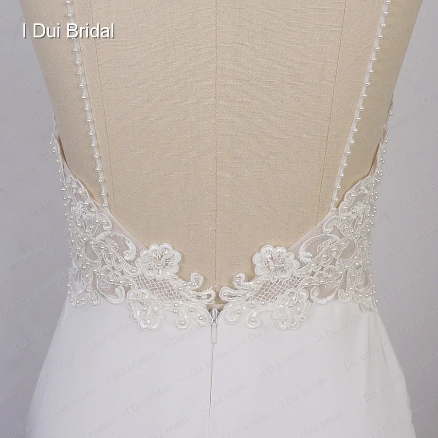 Spaghetti Strap Sheath Wedding Dress Lace Appliqued Pearl Beaded Low Back Crepe Bridal Gown