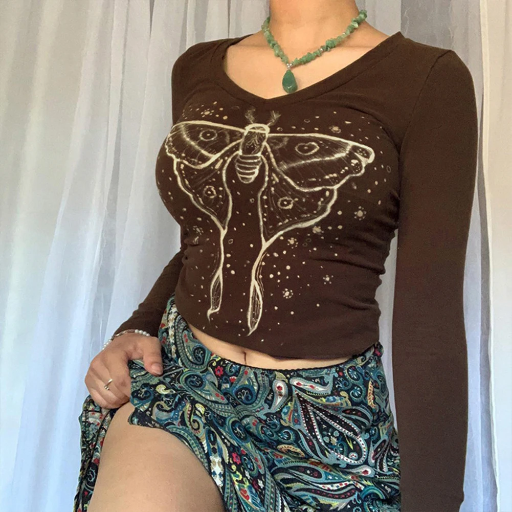 

Женская винтажная хлопковая Футболка YiYiMiYu, укороченный топ с принтом бабочки в стиле Харадзюку, модная уличная одежда