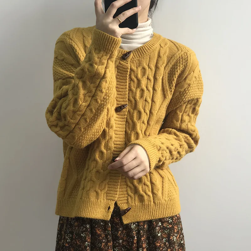 

Winter Slim Cardigan Women Vintage Geometric Pattern Solid Sweater Conical Button Extra Thick Ladies